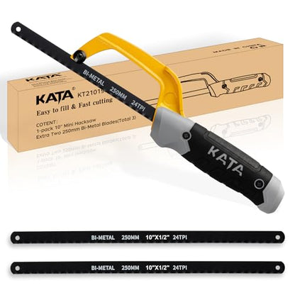 KATA Hacksaw, Compact Hand Operating Hack Saw with 10 Inch Aluminum Frame and 2 Piece Extra Flexible Bi-Metal HSS Blades, Suitable for Wood and Metal