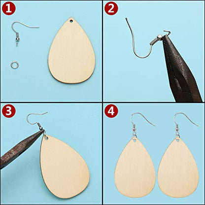60 Pieces Unfinished Wooden Earrings Pendants Blank Teardrop and Tapered Cutout Pendants with 60 Pieces Earring Hooks and 60 Pieces Jump Rings for DIY Craft Jewelry Making