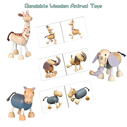 12PCS Bendable Wooden Animal Toys, Fun and Posable Animal Toys Figures for Early Education, Safari Wood Toy for Kids, Smooth Natural Wood, Wood Drachompa
