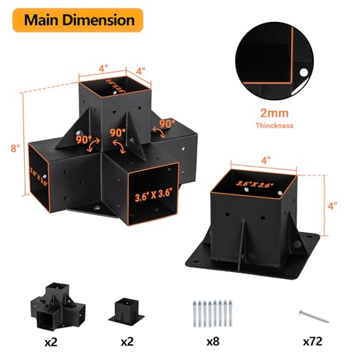 Neorexon Pergola Bracket Kit Elevated Wood Stand Kit Woodwork for 4"x 4" (Actual 3.6 X 3.6 inch), Solid Steel Wooden Gazebo Kit for Outdoor 4 Way - WoodArtSupply