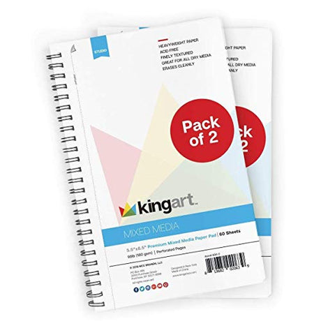 KINGART 600-2 Mixed Media SKETCHBOOKS, 5.5 x 8.5 Inches, 60-Sheet Spiral Bound Drawing Pads, Micro-Perforated, for Wet and Dry Media, Pack of 2 KINGART