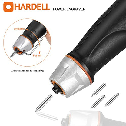 HARDELL 24W Engraver Pen, 5 Speed Engraving Tool with Letter/Number Stencil, Soft Handle Engraver Tool with Tungsten Carbide Steel Bits for Metal,