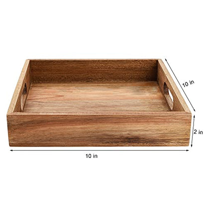 YOUEON Set of 2 Acacia Wood Serving Tray with Handles, 10x10x2 Inch Decorative Serving Trays, Ottoman Tray, Coffee Table Tra2y, Square Wood Tray for