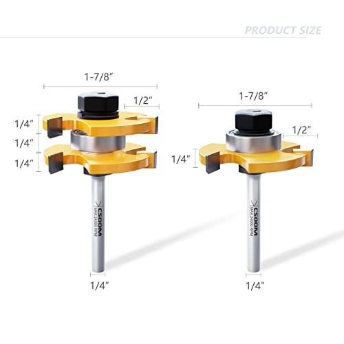 CSOOM 2-Piece Tongue and Groove Router Bit Set with 1/4 Inch Shank, 3 Teeth, and Adjustable T Shape - Ideal Woodworking Tool for Wood Milling and - WoodArtSupply