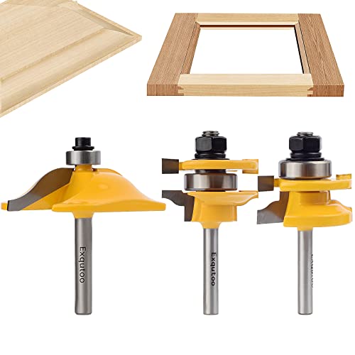 Exqutoo 3PCS 1/4" Shank Router Bit Set, Raised Panel Cabinet Door Making Router Bits, Cemented Carbide Router Bits, Woodworking Tools Router Door & Exqutoo