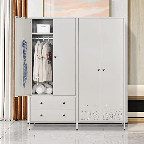 Besfur Bedroom Armoires, Metal Wardrobe Closet with Hanging Rod, Adjustable Shelves, 20" D x 31.5" W x 74" H - Sea Shell Color Besfur