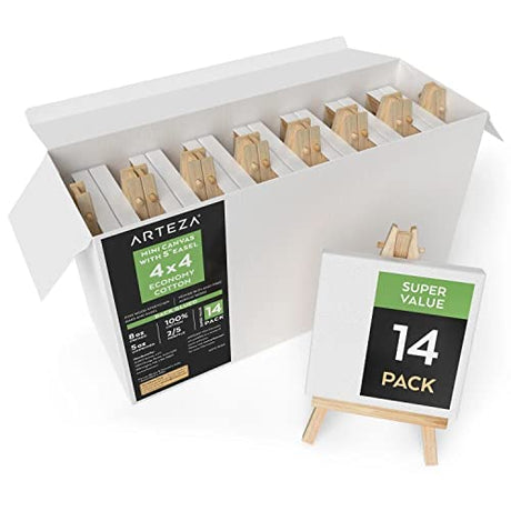 Arteza Mini Canvases with Easels, Pack of 14, 4 x 4 Inches, 100% Cotton, 8 oz Gesso-Primed Stretched Canvas & Solid Pine Wood Easels, Art Supplies ARTEZA