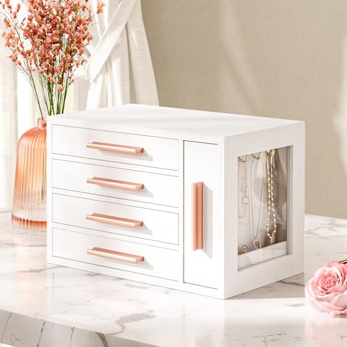 HOOBRO Jewelry Box for Women, Wooden Jewelry Organizer with Transparent Window, 4-Layer Jewelry Organizer Box, Jewelry Holder Organizer for Earrings, - WoodArtSupply