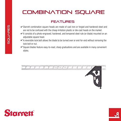 Starrett Steel Combination Square with Square Head - 18" Blade Length, Cast Iron Heads, Reversible Lock Bolt, Scriber, Spirit Level, 4R Graduation Starrett