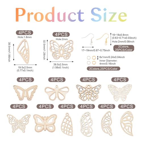 EEE ELECRELIVE 48pcs Wood Butterfly Charms Unfinished Natural Wood Filigree Wing Pendants & 50pcs Earring Hooks & 50pcs Jump Rings for Boho Earring EEE ELECRELIVE