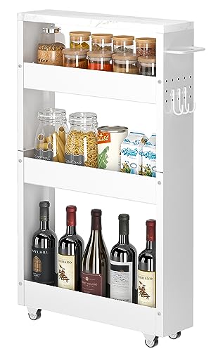 CHLORYARD Slim Storage Cart, 4-Tier Kitchen Rolling Cart Narrow Storage Cabinet with Handle & Wheels, Metal Rolling Shelf Unit for Kitchen Bathroom CHLORYARD
