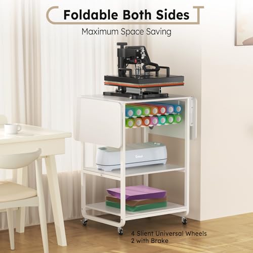 Crafit 3 Tier Movable Heat Press Table, Foldable Heat Transfer Machine Stand with Vinyl Roll Holder, Heavy Duty Rolling Metal Workbench for DIY Crafit