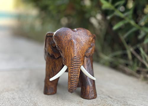 Land of Simple Treasures Hand Carved Wooden Elephant Statue - Wood Elephant Carving from Thailand - Feng Shui Elephant Figure - Brown, 5.5 Inches Land of Simple Treasures