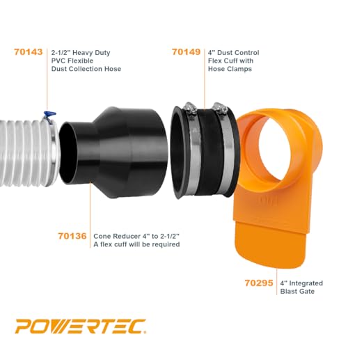 POWERTEC 70386 4" x 20' PVC Dust Collection Hose Flexible Clear with 4" Hose to 2-1/2" Hose Cone Reducer for Woodworking and Shop Vacuum, Dust POWERTEC