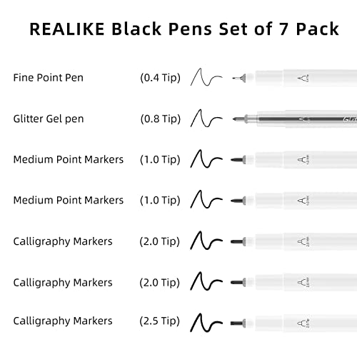 REALIKE Black Pens Set for Cricut Joy, 7 Pack Variety Pens Include Fine Point Pen,Glitter Gel, Marker, Calligraphy Writing Drawing Pens Compatible REALIKE