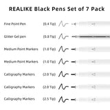 REALIKE Black Pens Set for Cricut Joy, 7 Pack Variety Pens Include Fine Point Pen,Glitter Gel, Marker, Calligraphy Writing Drawing Pens Compatible REALIKE