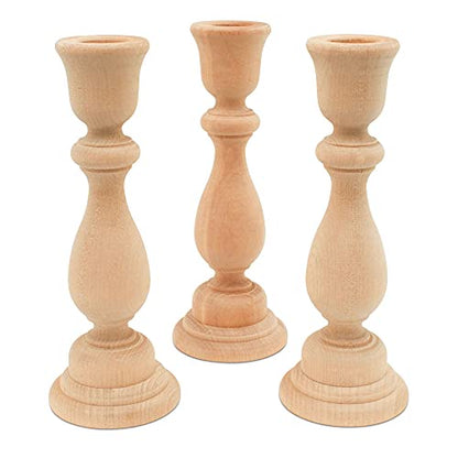 Classic Wooden Candlestick 6-3/4 inches with 7/8 inch Hole, Set of 4 Unfinished Wood Holder for Taper Candle, Ready to Craft, by Woodpeckers