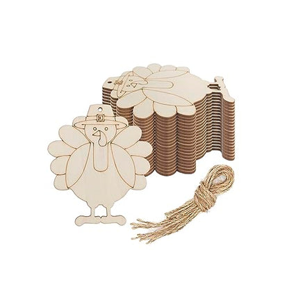 Creaides 20pcs Turkey Wood Cutouts DIY Crafts Wooden Turkey Shaped Hanging Tags with Hole Hemp Ropes for Fall Harvest Thanksgiving Christmas Party