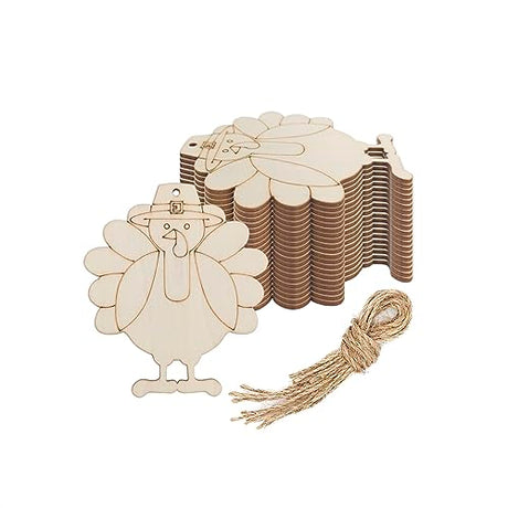 Creaides 20pcs Turkey Wood Cutouts DIY Crafts Wooden Turkey Shaped Hanging Tags with Hole Hemp Ropes for Fall Harvest Thanksgiving Christmas Party Creaides