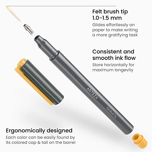 ARTEZA Felt Tip Pens, Set of 24 Landscape Brush Tip Calligraphy Pens for Note Taking, Sketching, Cross-Hatching, Outlining, Dye-Based Ink, Smear-Free