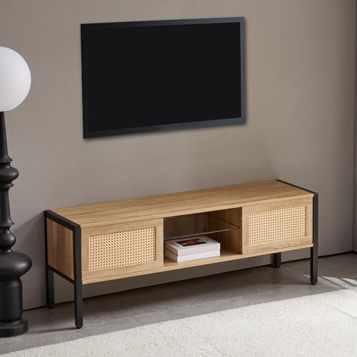 Fulvari Rattan TV Stand for 65 Inch TV,Wood Entertainment Center with 2 Sliding Doors,Modern TV Console Table,Rattan Coffee Table with Storage for