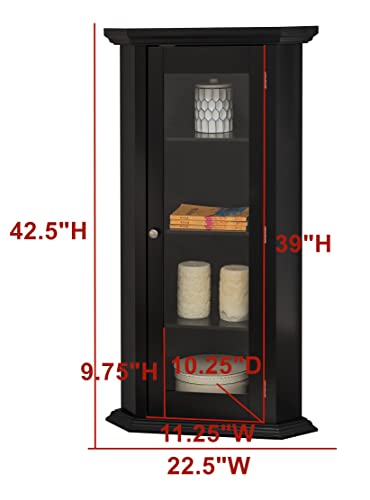 Kings Brand Furniture - Corner Curio Storage Cabinet with Glass Door, Black Finish - WoodArtSupply