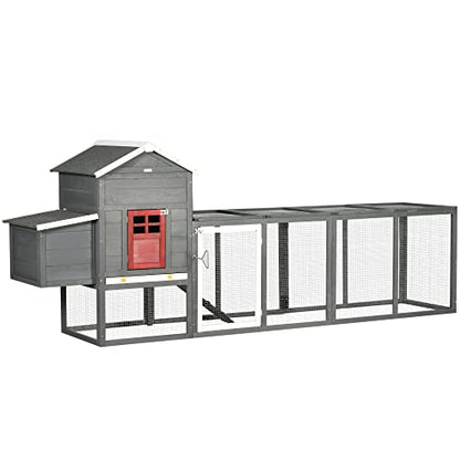 PawHut 118" Extra Large Chicken Coop with Asphalt Roof, Wooden Hen House with Slide-Out Tray, Quail Hutch with Nesting Box, Gray - WoodArtSupply