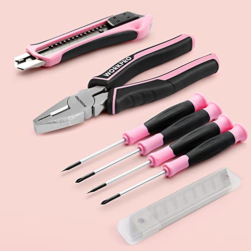 WORKPRO 53-Piece Pink Tool set with Electric Cordless Screwdriver, Basic Tool Kit Set for Women with 13'' Portable Tool Bag for DIY Home WORKPRO