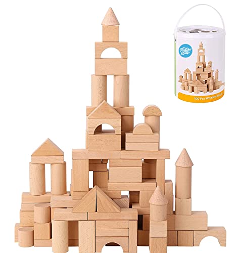 Pidoko Kids Wooden Blocks - 100 Pcs - Building Blocks for Toddlers - Includes Storage Container with Shape Sorter Lid - Natural Beech Wood Blocks -
