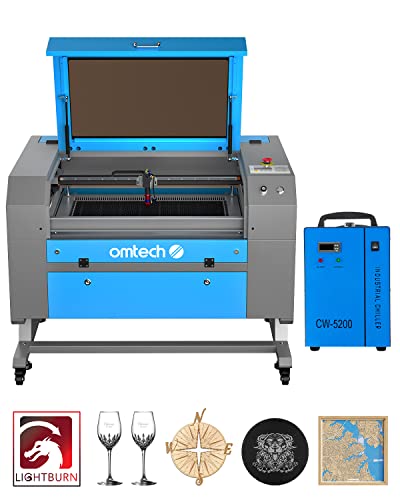 OMTech 60W CO2 Laser Engraver with LightBurn & Water Chiller, 20"x28" Laser Engraving Cutting Machine with Autofocus Autolift 4 Way Pass Air Assist,