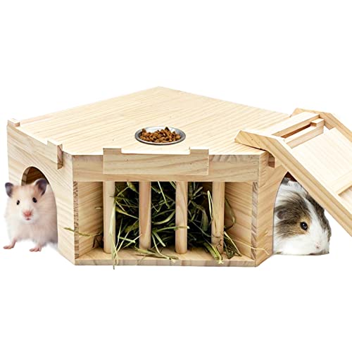 Hamiledyi Guinea Pig Castle Natural Wooden Rabbit House with Ladder and Hay Feeder Chinchilla Multi Chamber Hideaway Small Animal Hideout House for Hamiledyi