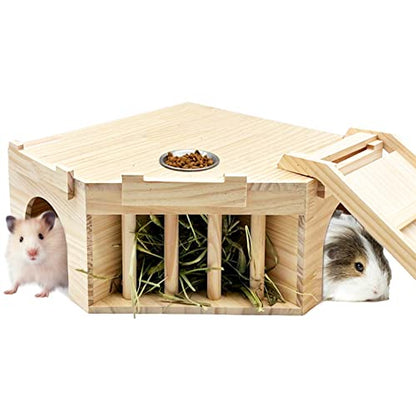 Hamiledyi Guinea Pig Castle Natural Wooden Rabbit House with Ladder and Hay Feeder Chinchilla Multi Chamber Hideaway Small Animal Hideout House for - WoodArtSupply