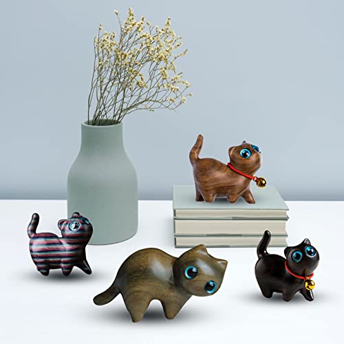 4Pcs Sandalwood Hand Carved Wood Cat, Handmade Wood Carved Cats Hand Carved Kitten Pet Sandalwood Decoration Handmade Wood Carved Cats Cute Cat SYWAN