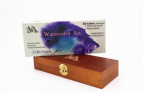 Viburnum Art Professional Watercolor Paint Set - 24 Half Pan Highly Pigmented Transparent Water Color Paints with #4 Synthetic Water color Brush, - WoodArtSupply