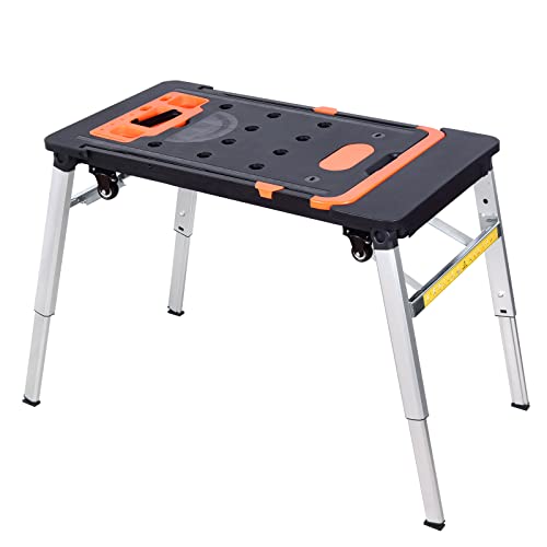 LEADALLWAY 7-in-1 Workbench Folding Painted Work Table as Workbench, Scaffold,Platform,Sawhorse,Car Creeper and Hand Truck with 4 Wheels, Black LEADALLWAY