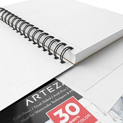 Arteza Watercolor Paper Pad Expert, Watercolor Sketchbook 5.5x8.5 Inch, Pack of 3, 30 Sheets Each, Spiral Bound, 140lb/300gsm Cold Pressed Acid Free - WoodArtSupply