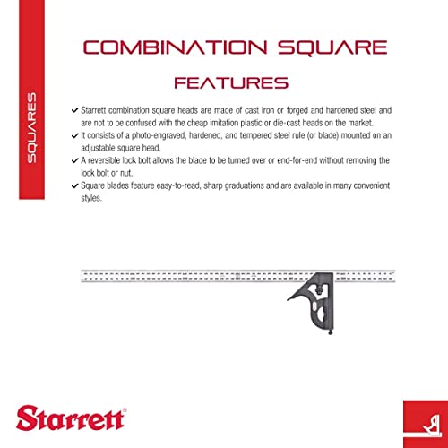 Starrett Steel Combination Square with Square Head - 600mm Blade Length, Cast Iron Heads, Hardened Steel, Reversible Lock Bolt, Scriber, Spirit Starrett