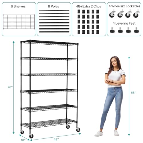 YRLLENSDAN 6 Tier Wire Shelving Unit 6000lbs Capacity Metal Storage Shelves with Wheels Height Adjustable Heavy Duty Steel Shelf for Kitchen YRLLENSDAN