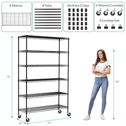 YRLLENSDAN 6 Tier Wire Shelving Unit 6000lbs Capacity Metal Storage Shelves with Wheels Height Adjustable Heavy Duty Steel Shelf for Kitchen - WoodArtSupply