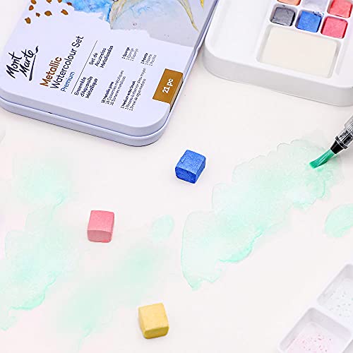 MONT MARTE Premium Metallic Watercolor Cake Set, 21 Piece, 18 Colors, 1 Water Brush, 1 Sponge, 4 Mixing Wells MONT MARTE