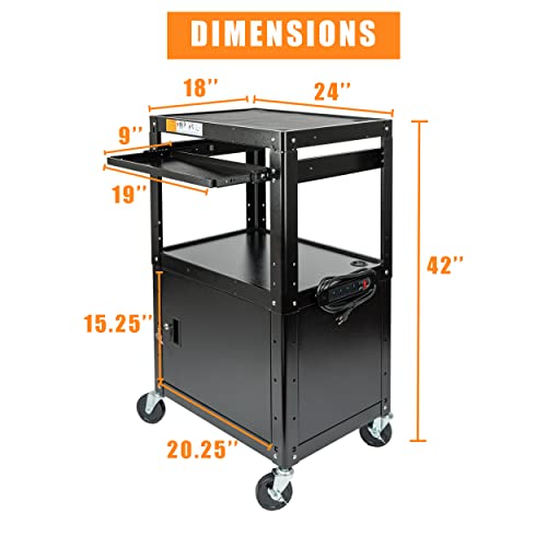 Metateel Steel Large AV Cart with Extra Storage - Adjustable Height Cart with Locking Cabinet, Pullout Tray, Power Strip, and Cord Management - Holds - WoodArtSupply