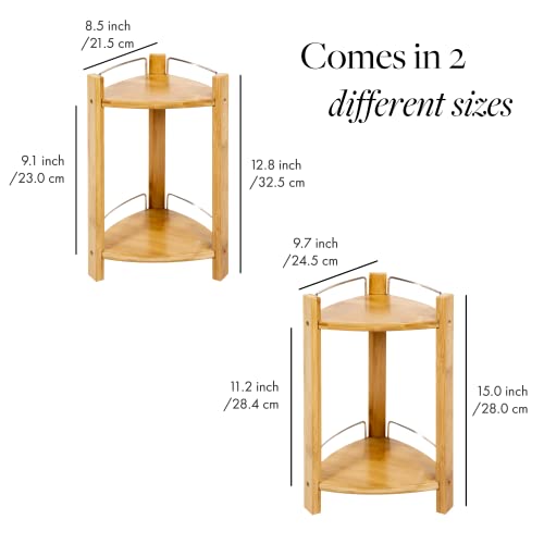 GOBAM Bamboo Shower Corner Caddy, Medium - 2 Tier Standing Shower Stand for Shampoo, Conditioner, Lotion, Soap - Caddy Organizer for Kitchen, GOBAM