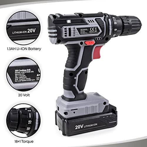Cordless Drill/Driver Kit, 20V MAX 3/8” Keyless Chuck Compact Drill Set 2.0A Battery, Charger, 18+1 Torque Clutch, 0-650 No Load Speed, 309 In-lbs CottonKing