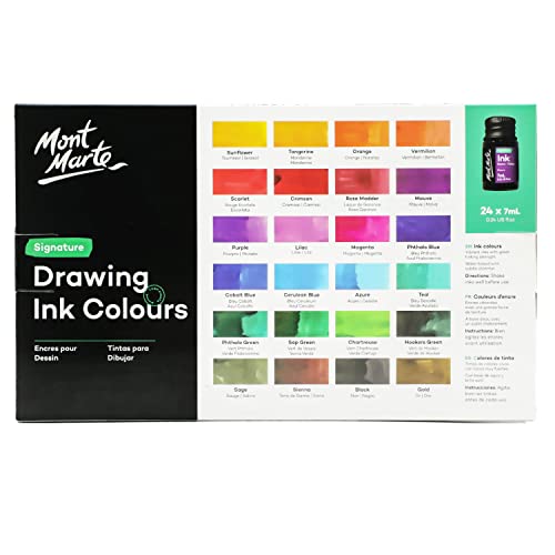 Mont Marte Drawing Ink Colors Signature 24pc x 0.24 US fl.oz (7ml), Art Set Includes Vibrant Ink Colors, for Illustration, Calligraphy, Scrapbooking. - WoodArtSupply