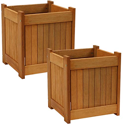 Sunnydaze Meranti Wood 16-Inch Square Planter Box with Teak Oil Finish - Set of 2 - WoodArtSupply