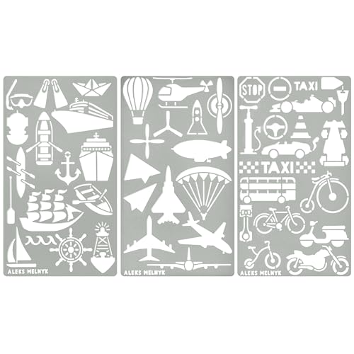 Aleks Melnyk #46 Vehicle Metal Stencils, Pirate Ship Stencil, Lighthouse Stencil for Painting, Hot Air Balloon Stencil, Stainless Steel Journal - WoodArtSupply