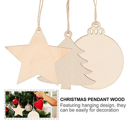 SEWACC 30 Pcs Wooden Christmas Ornaments Unfinished Wood Crafts with Hole Star Mini Christmas Tree Christmas Ball Wood Ornaments Wood Slices DIY - WoodArtSupply