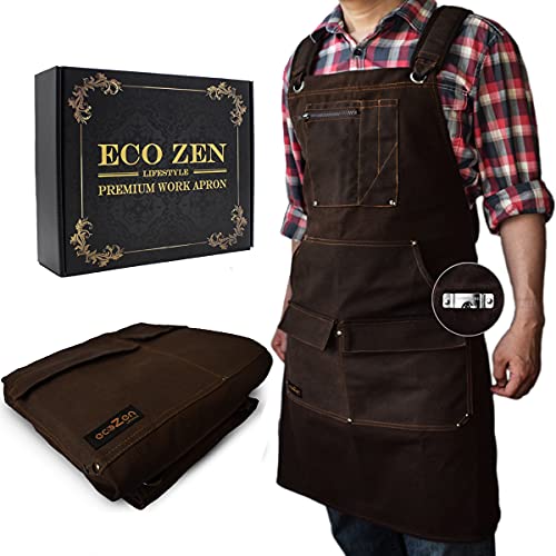 Woodworking Shop Apron - 16 oz Waxed Canvas Work Aprons | Metal Tape holder, Fully Adjustable to Comfortably Fit Men Size S to XXL | Tough Tool Apron ecoZen Lifestyle