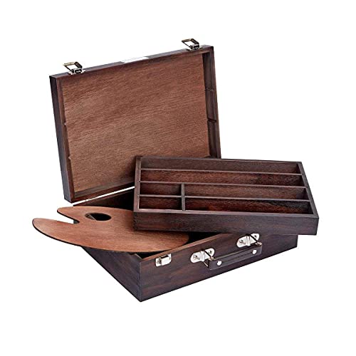 KINGART 720 Wood Art Storage Box With Espresso Stain, 2-Tier Wood Case with 10 Dividers, Holds Markers, Paint, Brushes, Pencils, And More KINGART