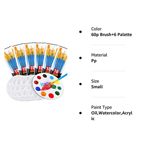 Painting Brush Palette Set, with 6 Packs of 60 Brushes and 6 Palettes,Nylon Brush Head, Suitable for Oil Watercolor, etc., Perfect Art Painting Set. AROIC